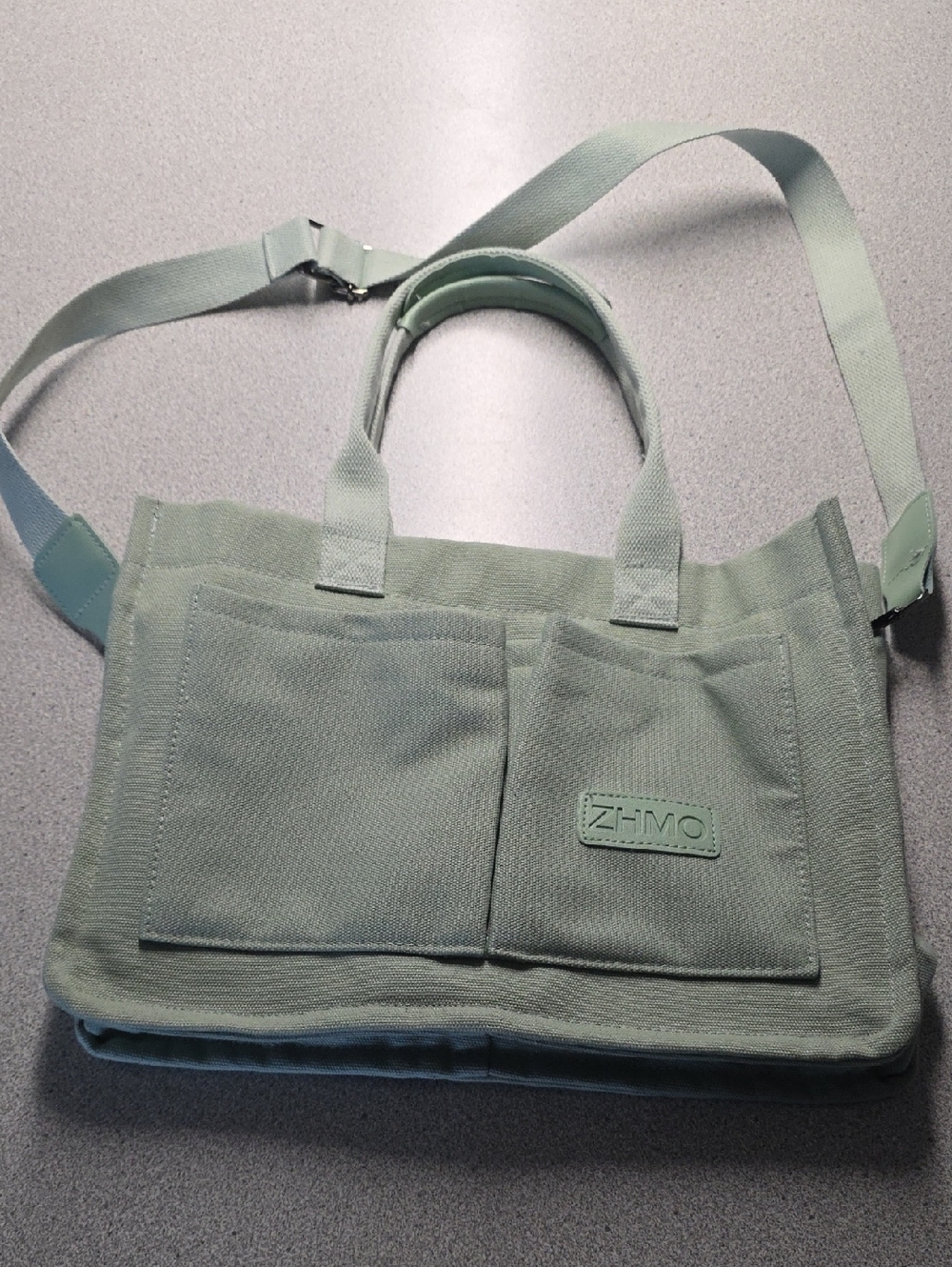 Sage Green Canvas Laptop Tote with Adjustable Strap